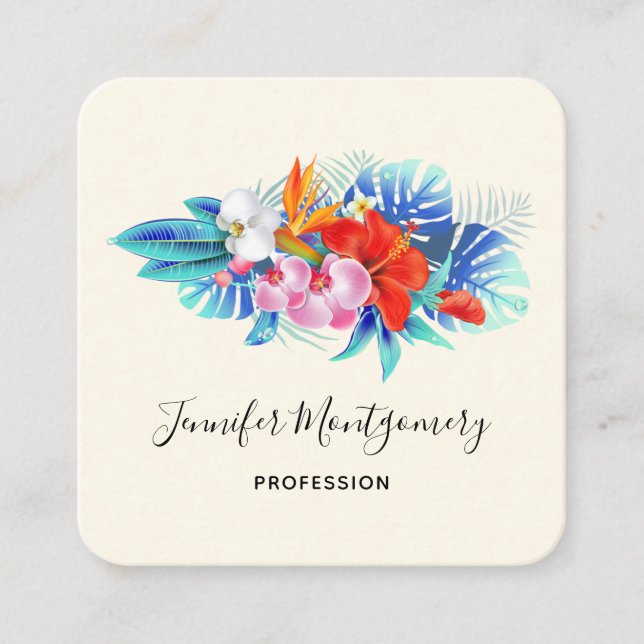 Exotic Tropical Flowers - Pink & Aqua  Square Business Card (Front)