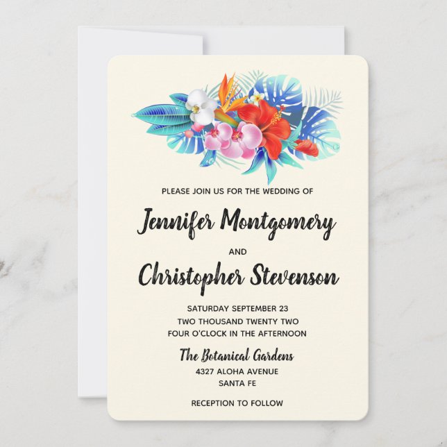  Exotic Tropical Flowers - Pink & Aqua Wedding Invitation (Front)