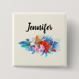 Exotic Tropical Flowers - Pink & Aquamarine 15 Cm Square Badge