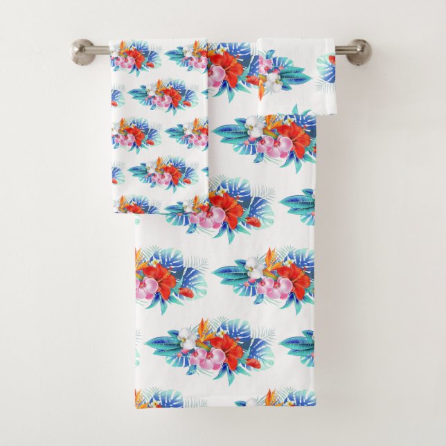 Exotic Tropical Flowers - Pink & Aquamarine Bath Towel Set (Insitu)