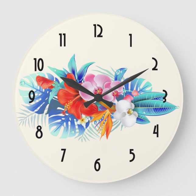 Exotic Tropical Flowers - Pink & Aquamarine Large Clock (Front)