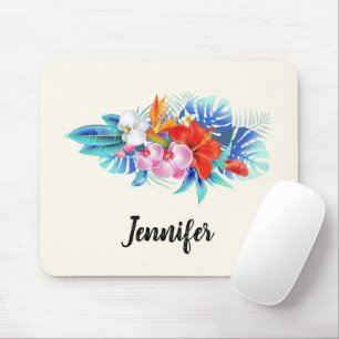 Exotic Tropical Flowers - Pink & Aquamarine Mouse Mat