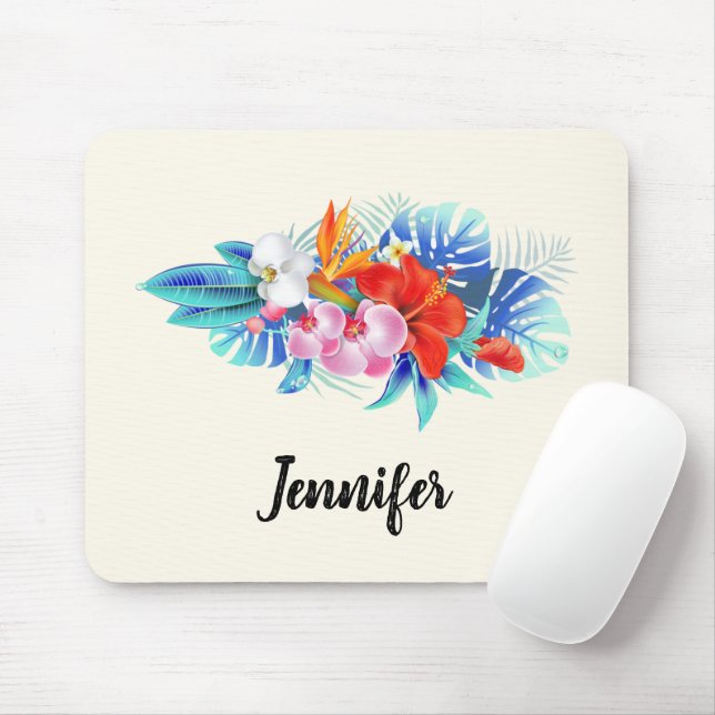 Exotic Tropical Flowers - Pink & Aquamarine Mouse Mat (With Mouse)