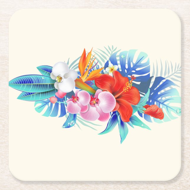 Exotic Tropical Flowers - Pink & Aquamarine Square Paper Coaster (Front)