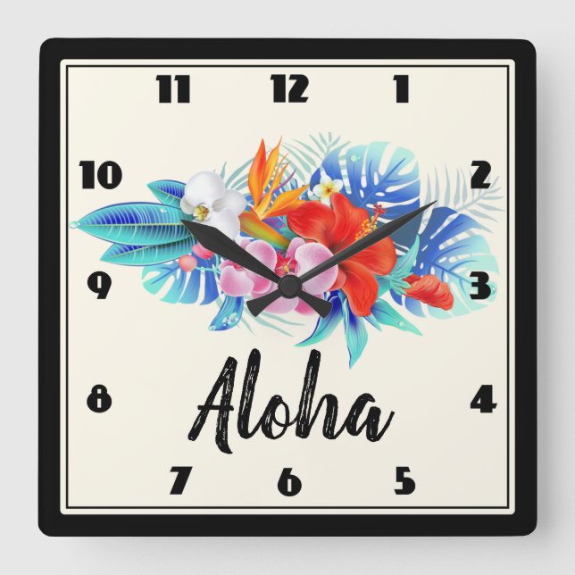 Exotic Tropical Flowers - Pink & Aquamarine Square Wall Clock (Front)