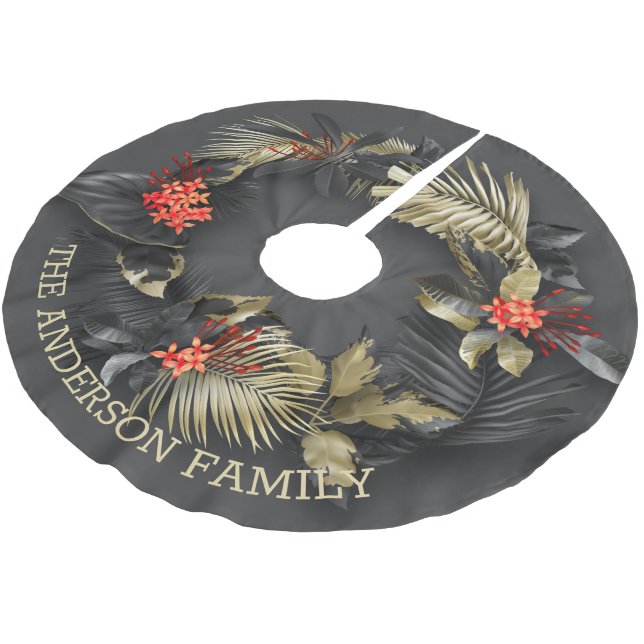 Exotic Tropical Foliage  in Gold and Black Brushed Polyester Tree Skirt (Angled)