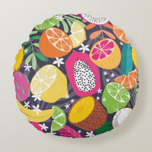 Exotic Tropical Fruits Dark Background Round Cushion