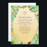 Exotic Tropical Geometric Bat Mitzvah Invitation<br><div class="desc">Summer bat mitzvah invitation featuring abundant tropical greenery,  strelitzia flowers,  a toucan bird,  pineapple,  ice cream and a gold geometric frame.</div>