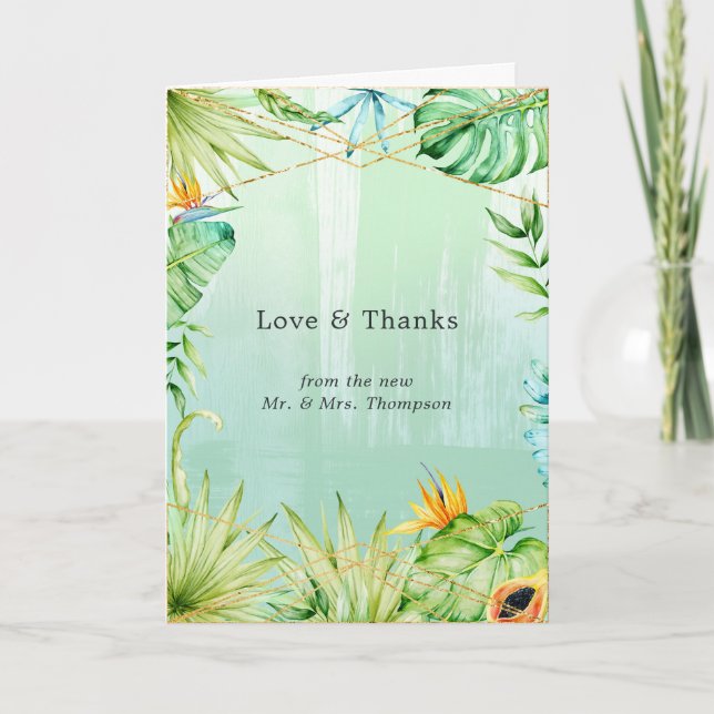Exotic Tropical Geometric Wedding Photo Thank You Card (Front)
