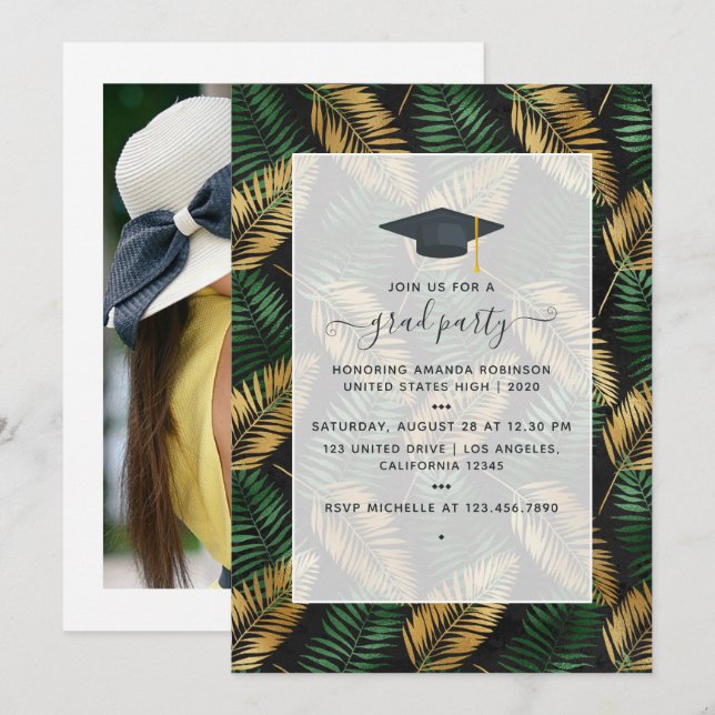 Exotic Tropical Green and Gold Graduation Party Invitation (Front/Back)