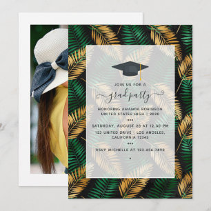 Exotic Tropical Green and Gold Graduation Party Invitation