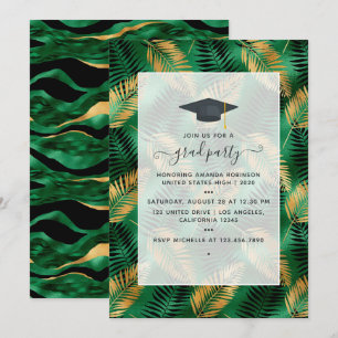 Exotic Tropical Green and Gold Graduation Party Invitation