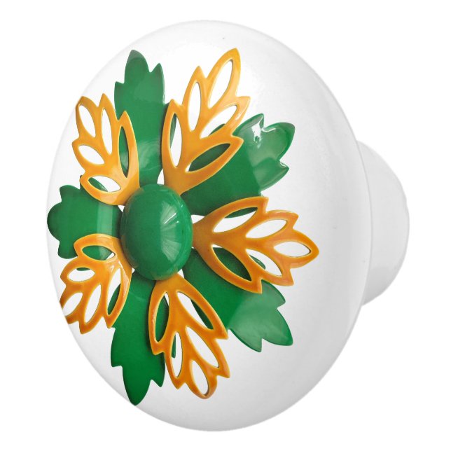Exotic Tropical Green Orange Blossom Hippie Flower Ceramic Knob (Right)