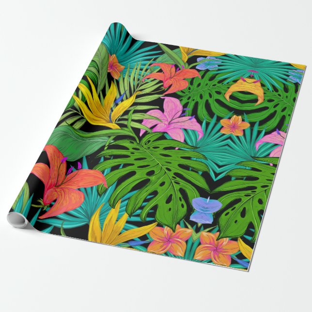Exotic Tropical Leaves, Flowers Wrapping Paper (Unrolled)