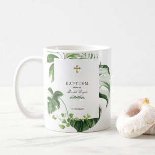 Exotic Tropical Leaves Gold Cross Boy Baptism Coffee Mug