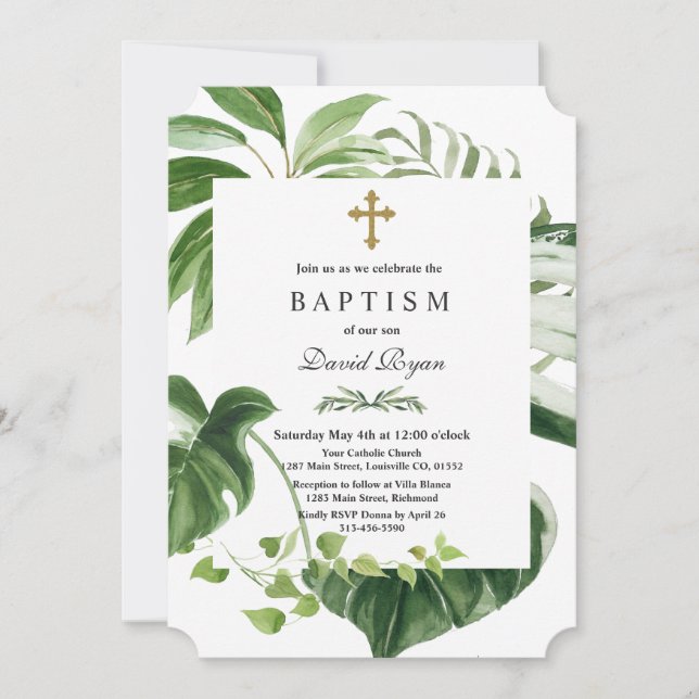 Exotic Tropical Leaves Gold Cross Boy Baptism Invitation (Front)