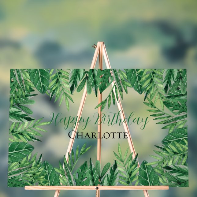Exotic Tropical Leaves Greenery Birthday Party Acrylic Sign (Neutral)