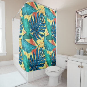 Exotic Tropical Leaves on Lemon Yellow Shower Curtain