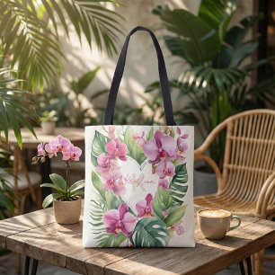 Exotic Tropical Orchid Watercolor Floral Heart Tote Bag