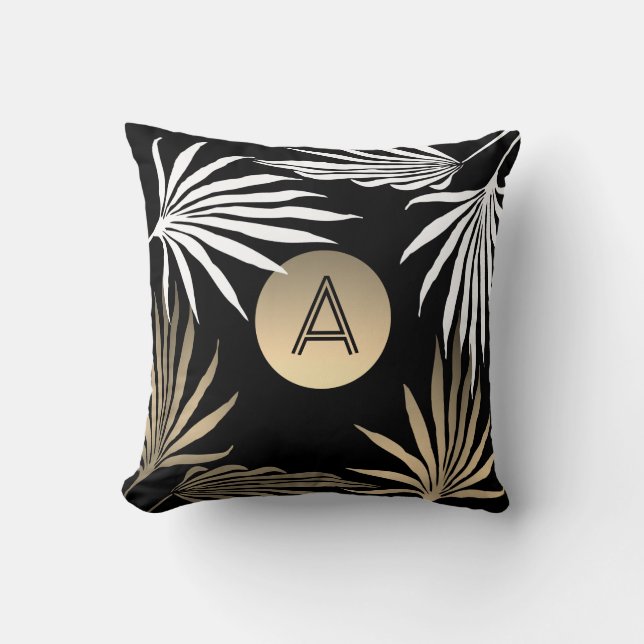 Exotic Tropical Palm Tree Black and Gold Monogram Cushion (Front)