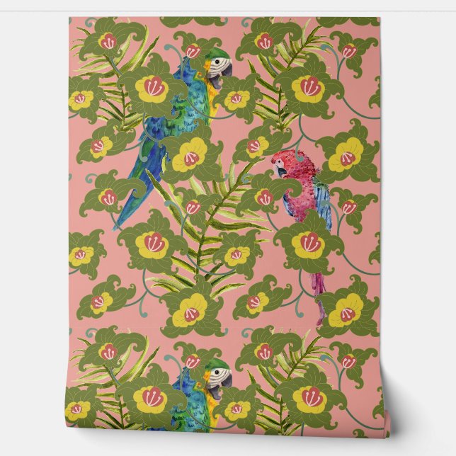 Exotic Tropical Parrots And Flowers Wallpaper (Unrolling)