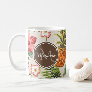 Exotic Tropical Pineapple Floral Brown Monogram Coffee Mug
