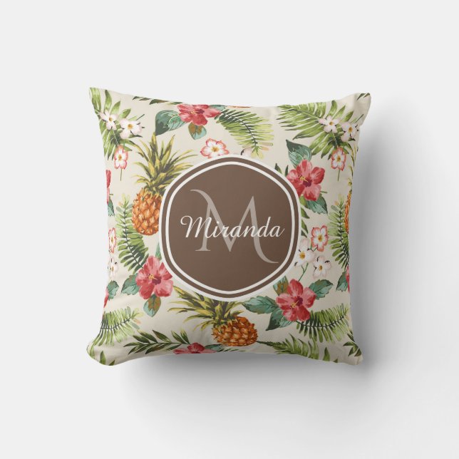 Exotic Tropical Pineapple Floral Brown Monogram Cushion (Front)