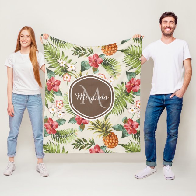Exotic Tropical Pineapple Floral Brown Monogram Fleece Blanket (In Situ)