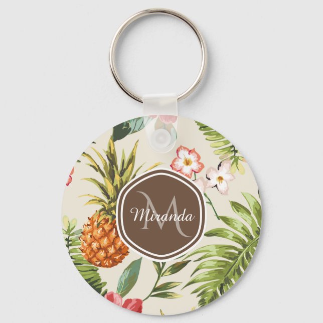 Exotic Tropical Pineapple Floral Brown Monogram Key Ring (Front)