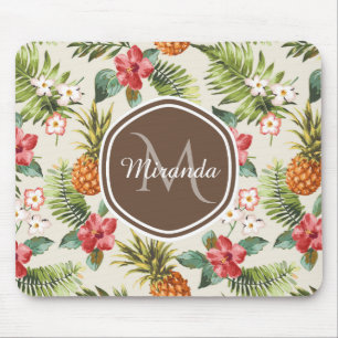 Exotic Tropical Pineapple Floral Brown Monogram Mouse Mat