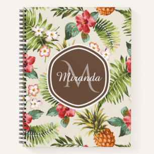 Exotic Tropical Pineapple Floral Brown Monogram Notebook