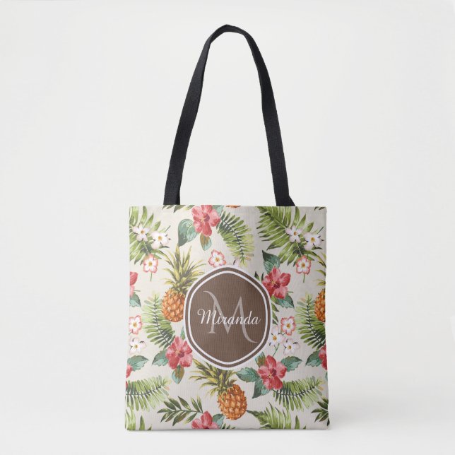Exotic Tropical Pineapple Floral Brown Monogram Tote Bag (Front)