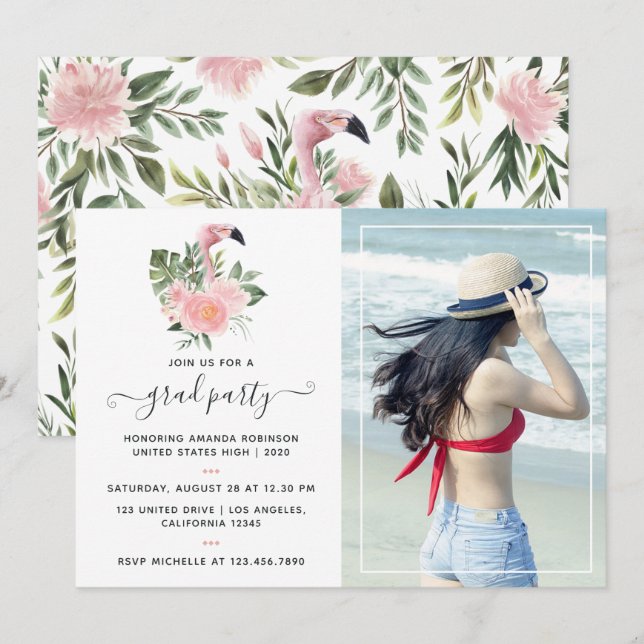 Exotic Tropical Pink Flamingo Graduation Party Invitation (Front/Back)