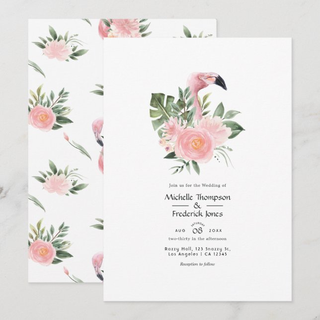 Exotic Tropical Pink Flamingo Wedding Invitation (Front/Back)