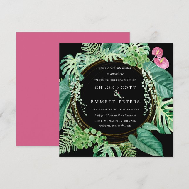 Exotic Tropical Pink Floral Winter Wedding Invitation (Front/Back)