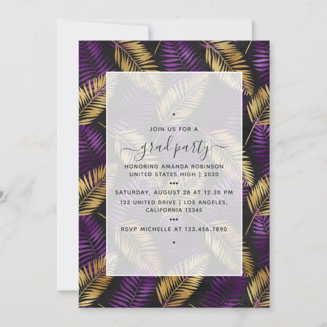Exotic Tropical Purple and Gold Graduation Party Invitation (Front)