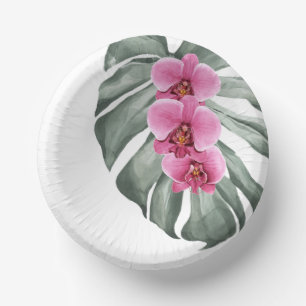 Exotic Tropical Watercolor Hot Pink Orchids Paper Plate