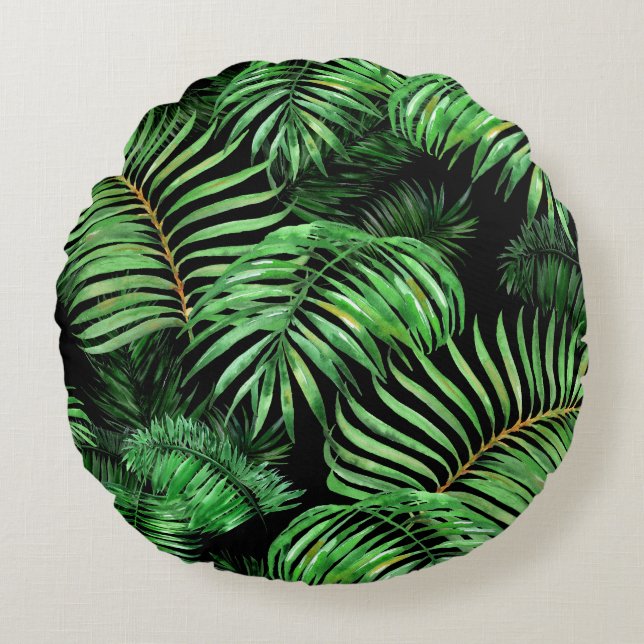Exotic tropical, watercolor palm pattern. round cushion (Front)