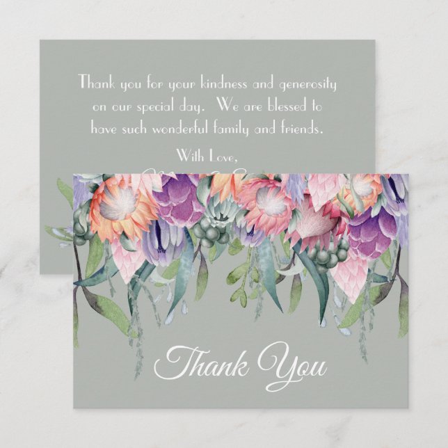 Exotic Tropical Watercolor Protea Flowers Wedding  Thank You Card (Front/Back)