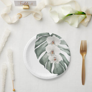 Exotic Tropical Watercolor White Orchids Paper Plate