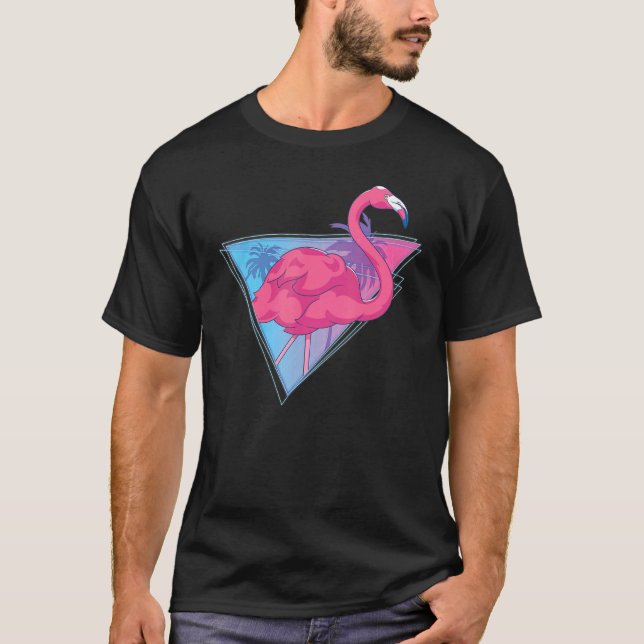 Exotic Vaporwave Palm Trees Tropical Bird Pink Fla T-Shirt (Front)