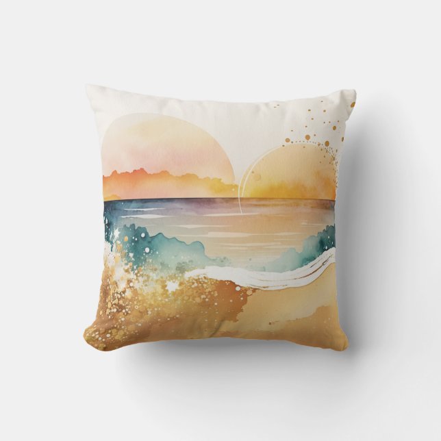 Exotic Watercolor Beach Sunset Cushion (Front)