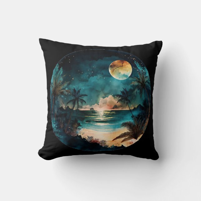 Exotic Watercolor Beach Sunset Cushion (Front)
