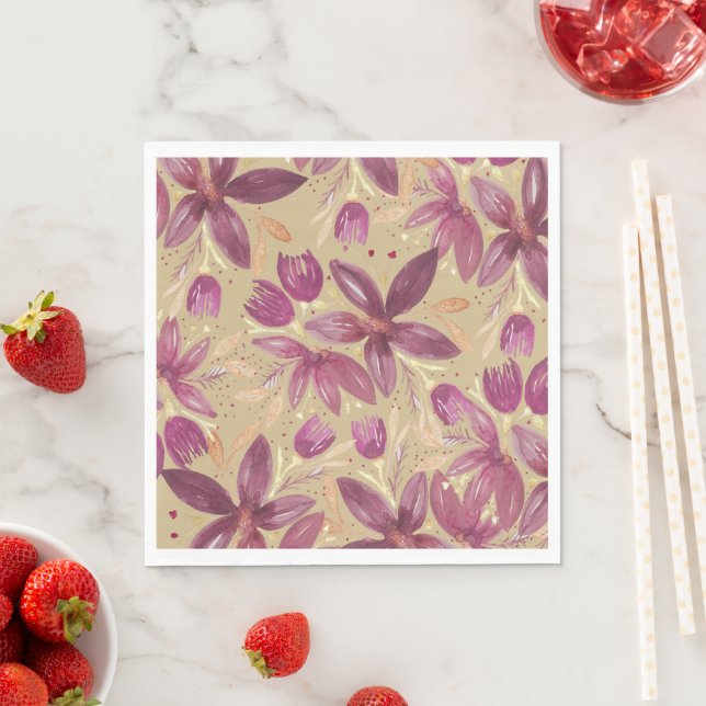 Exotic Watercolor Floral Burgundy and Gold Napkin (Insitu)