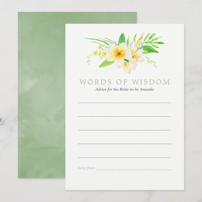 Exotic Watercolor Frangipani Bridal Shower Advice Invitation (Front/Back)