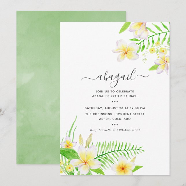 Exotic Watercolor Frangipani Floral Birthday Invitation (Front/Back)