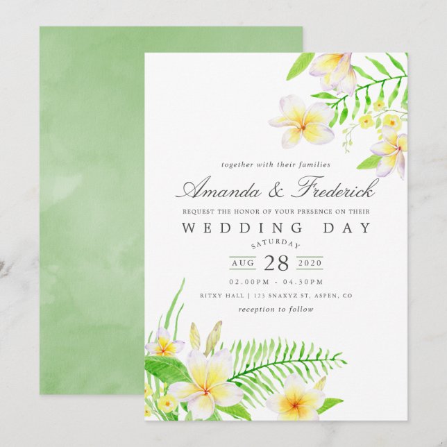 Exotic Watercolor Frangipani Floral Wedding Invite (Front/Back)