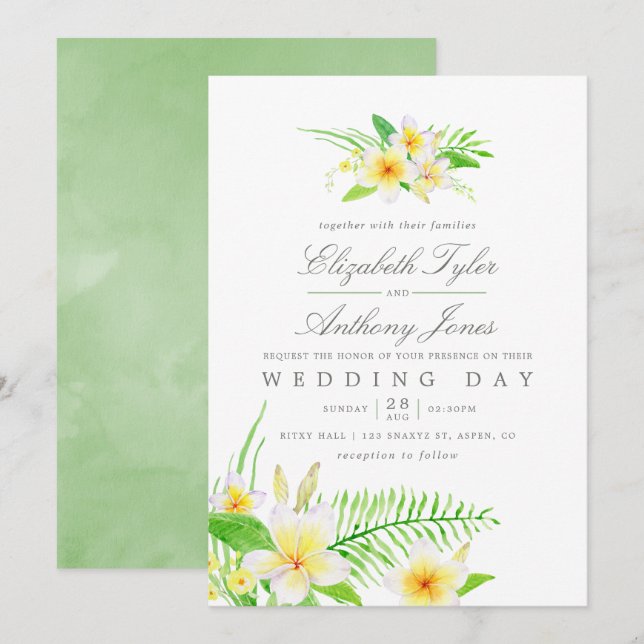 Exotic Watercolor Frangipani Floral Wedding Invite (Front/Back)