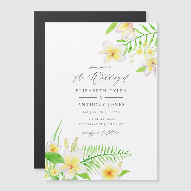 Exotic Watercolor Frangipani Floral Wedding Magnetic Invitation (Front/Back)