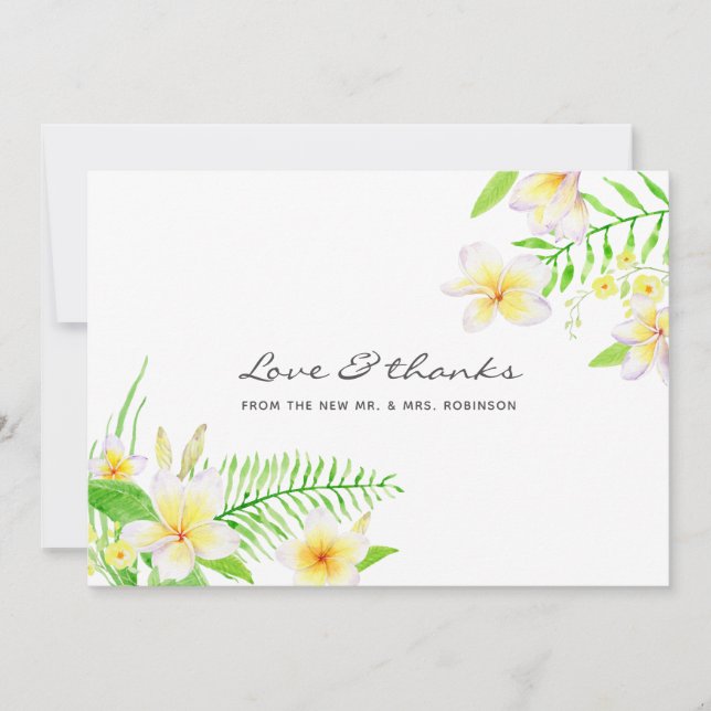 Exotic Watercolor Frangipani Floral Wedding Thank You Card (Front)